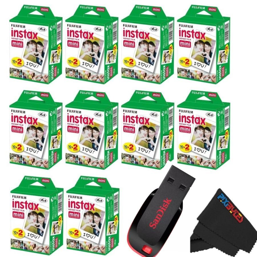 Fujifilm Instax Mini Instant Camera Film for Mini Instant Cameras - with USB Flash Drive and Pixbytes Microfiber Cleaning Cloth - Capture Memories Anytime, Anywhere... (32 GB USB + 10 x Twin Packs)
