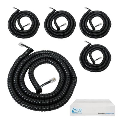 ICC Telephone Handset Cord/Phone Cord, 25 Ft  RJ9 (RJ22) Connectors, Glossy Black, 5-Pack  Curly Coiled Tangle-Free Design for PBX & VoIP Phones