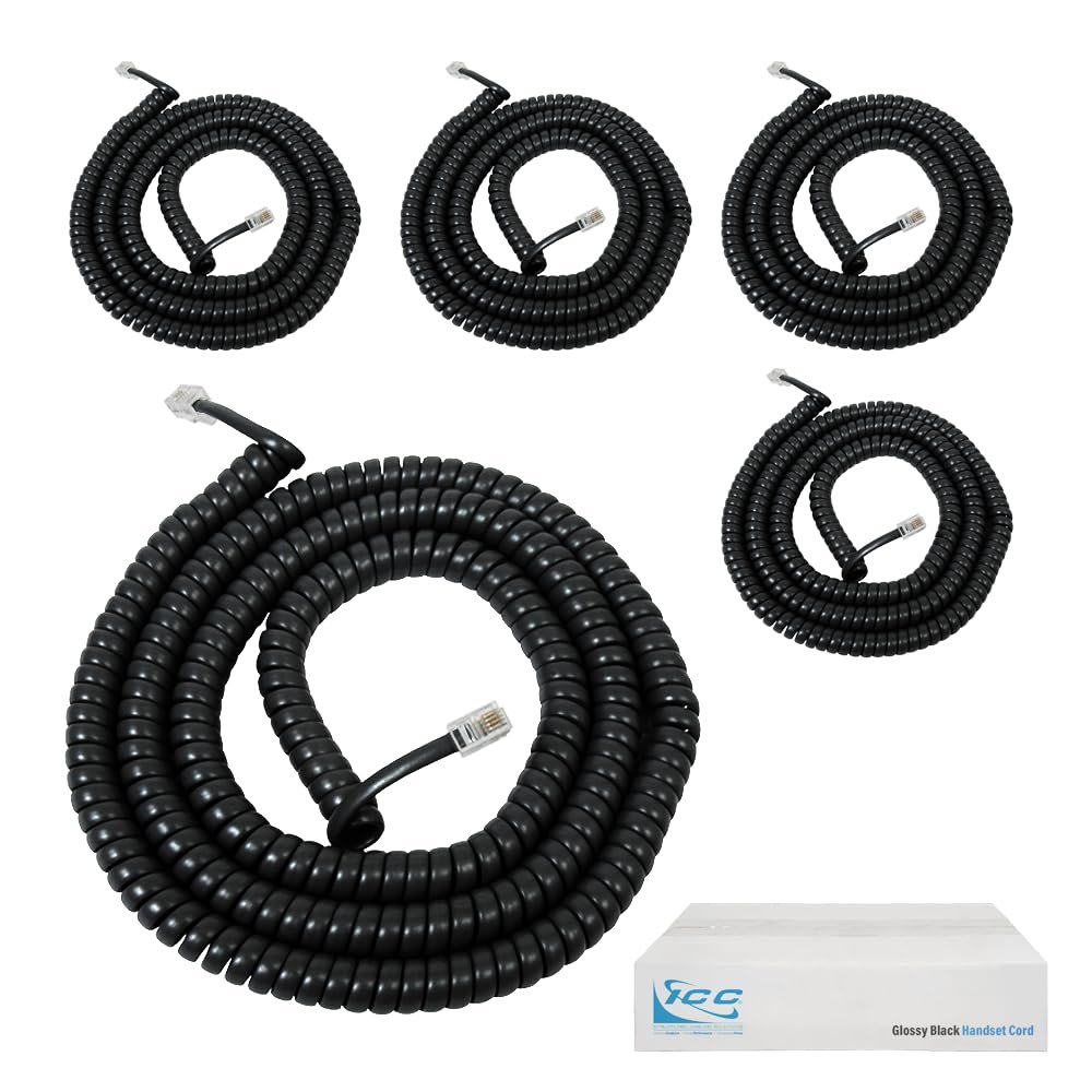 ICC Telephone Handset Cord/Phone Cord, 25 Ft  RJ9 (RJ22) Connectors, Glossy Black, 5-Pack  Curly Coiled Tangle-Free Design for PBX & VoIP Phones