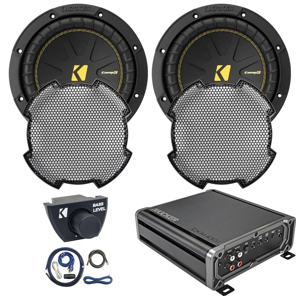 2X Kicker CWC8 COMPC 8" 400 Watts Peak Power 4-Ohm Dual Voice Coil Car Audio Subwoofer W/Grille, 400-Watt Class D Mono Subwoofer Amplifier, Wiring Installation Kit, Remote Control for Amps