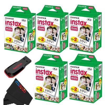 Fujifilm Instax Mini Instant Camera Film for Mini Instant Cameras - with USB Flash Drive and Pixbytes Microfiber Cleaning Cloth - Capture Memories Anytime, Anywhere... (32 GB USB + 5 x Twin Packs)