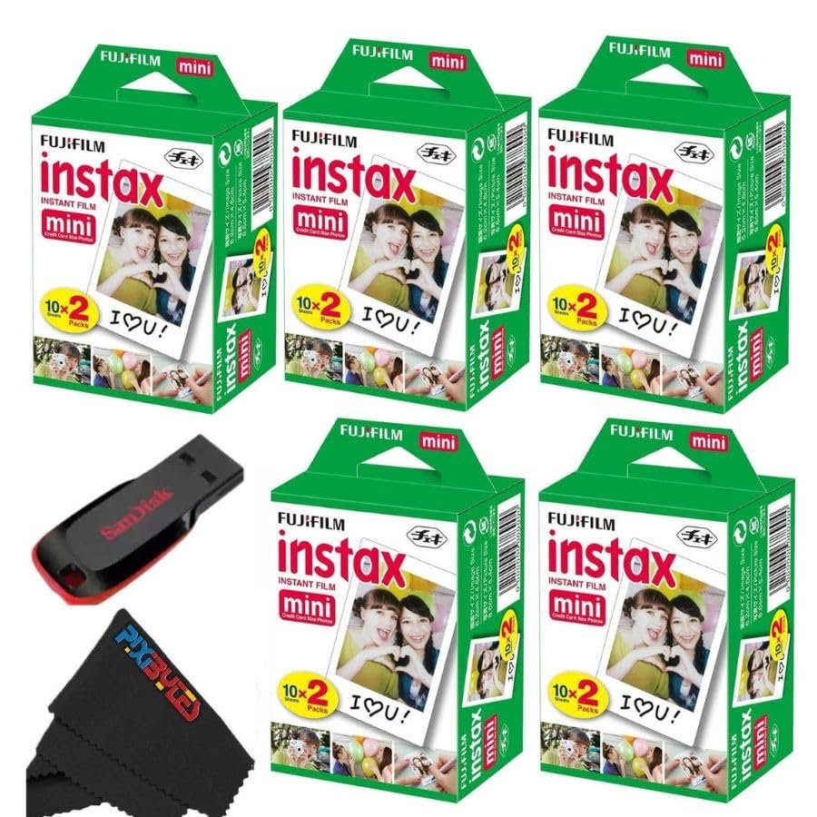 Fujifilm Instax Mini Instant Camera Film for Mini Instant Cameras - with USB Flash Drive and Pixbytes Microfiber Cleaning Cloth - Capture Memories Anytime, Anywhere... (32 GB USB + 5 x Twin Packs)