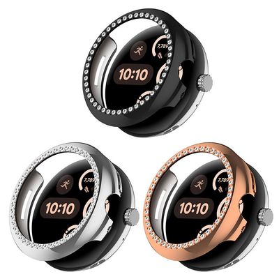 3 Pack Bling Cases Compatible with Google Pixel Watch 3 41 mm Cover Hard PC Crystal Diamonds Rhinestone Protective Bumper Shell Smartwatch, without Screen Protector (Rose Gold/Black/Silver)