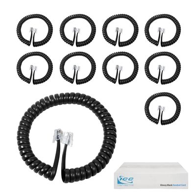 ICC Telephone Handset Cord/Phone Cord, 6 Ft  RJ9 (RJ22) Connectors, Glossy Black, 10-Pack  Curly Coiled Tangle-Free Design for PBX & VoIP Phones