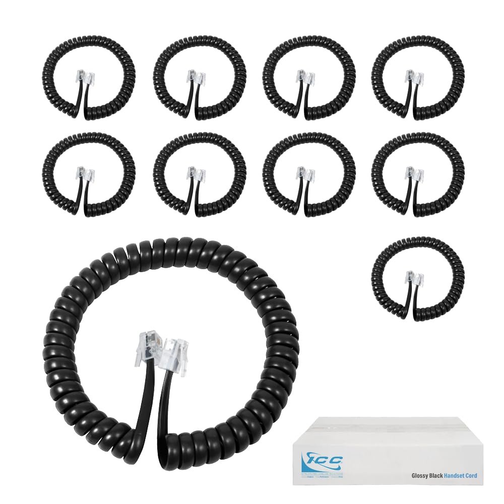 ICC Telephone Handset Cord/Phone Cord, 6 Ft  RJ9 (RJ22) Connectors, Glossy Black, 10-Pack  Curly Coiled Tangle-Free Design for PBX & VoIP Phones
