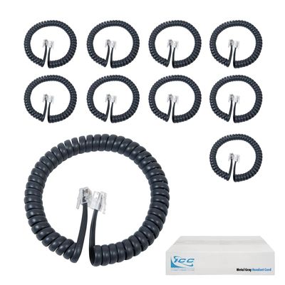 ICC Telephone Handset Cord/Phone Cord, 6 Ft  RJ9 (RJ22) Connectors, Metal Gray, 10-Pack  Curly Coiled Tangle-Free Design for PBX & VoIP Phones