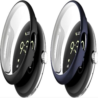 2 Pack Cases Compatible with Google Pixel Watch 4 45mm with Screen Protector, Flexible TPU Shockproof Scratch Proof Cover Case for Pixel Watch 4 45mm (Black/Blue)
