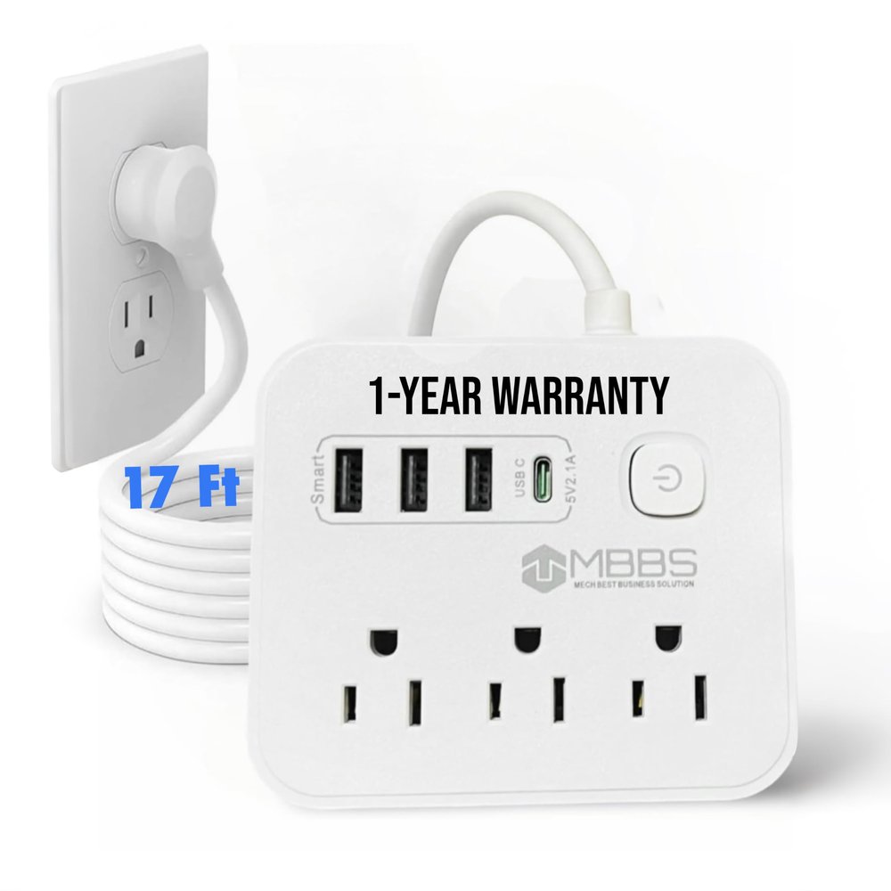 17 ft Surge Protector Power Strip with USB C, 1200J Protection, Heavy Duty Extension Cord (7-in-1) 3 AC Outlets, 4 USB Ports, LED On/Off Switch Compact & Travel Friendly Home, Office. (White)