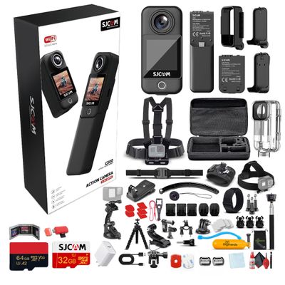 SJCAM C300 4K Dual Touchscreen Action Camera | Ultra HD Compact Vlogging Cam with Front and Rear Screens | Waterproof Mini Camera (C300B) + 50-in-1 Action Kit + 64GB Card + USB-C Adapter + More