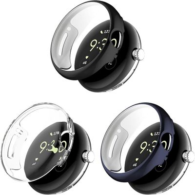 3 Pack Cases Compatible with Google Pixel Watch 4 45mm with Screen Protector, Flexible TPU Shockproof Scratch Proof Cover Case for Pixel Watch 4 45mm (Black/Blue/Clear)