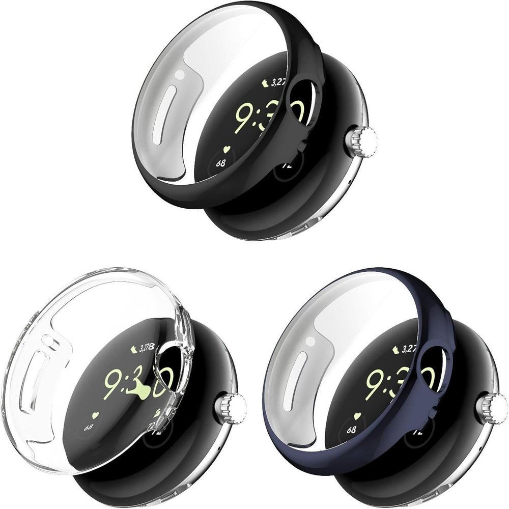 3 Pack Cases Compatible with Google Pixel Watch 4 45mm with Screen Protector, Flexible TPU Shockproof Scratch Proof Cover Case for Pixel Watch 4 45mm (Black/Blue/Clear)