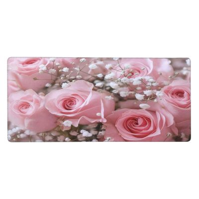 Pink Roses Bouquet Floral Gaming Mouse Pad Non-Slip Rubber Base Large Mousepad Waterproof Washable Desk Mat for Wireless Mouse Computer Desk 16x35.5in