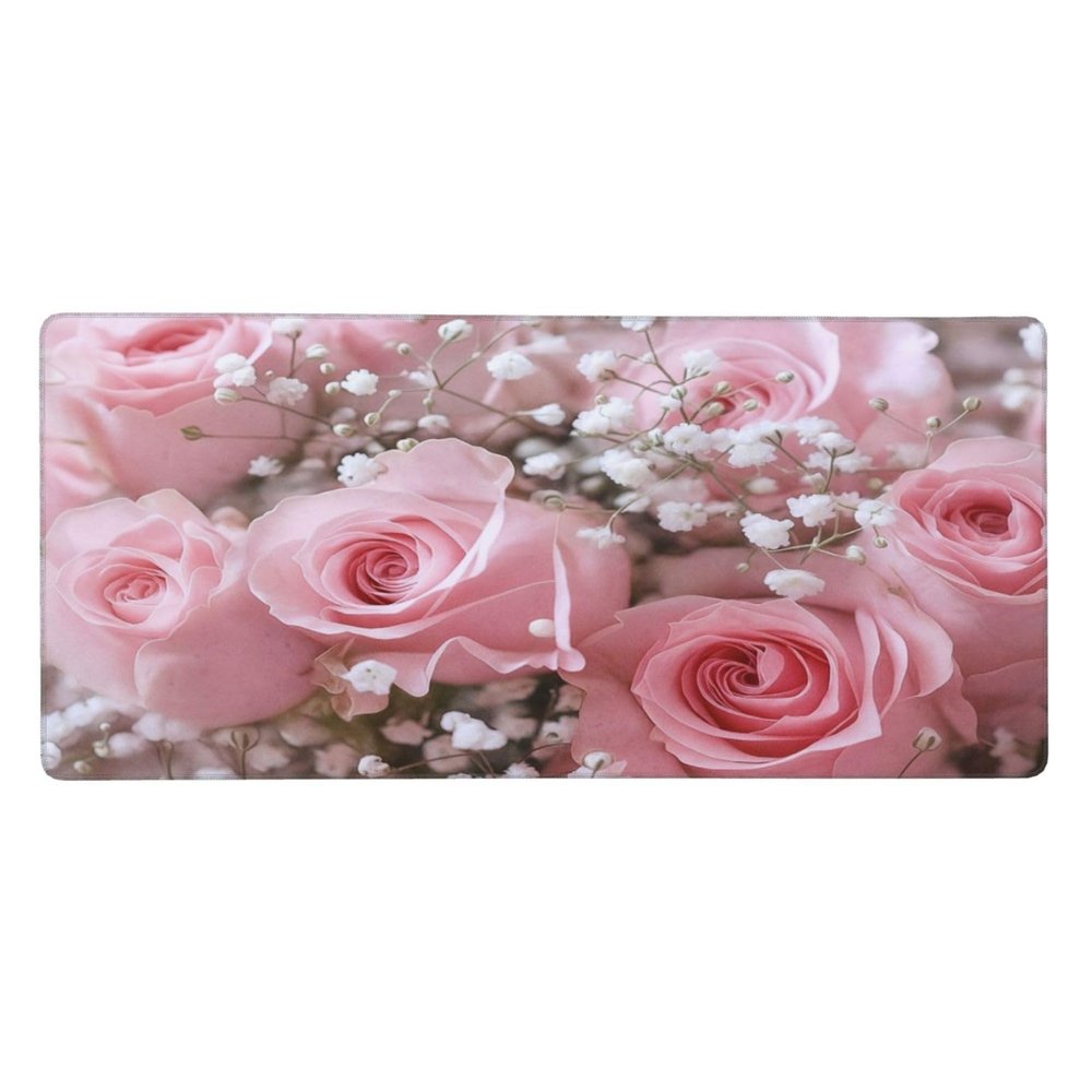 Pink Roses Bouquet Floral Gaming Mouse Pad Non-Slip Rubber Base Large Mousepad Waterproof Washable Desk Mat for Wireless Mouse Computer Desk 16x35.5in
