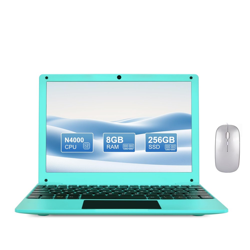 Fwmntu Mini Laptop Computer with Celeron N4000, 8GB RAM, 256GB SSD, HD IPS Screen, Portable Educational Notebook for Learning, Office Work (Blue)