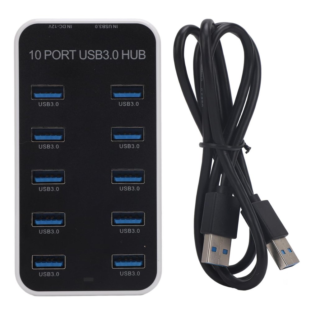 10 Port USB 3.0 Data Hub Splitter, Fast Data Transmission Docking Station, DC12V 24V Power Supply, Sturdy ABS and PC Material, Compatible with Multiple OS