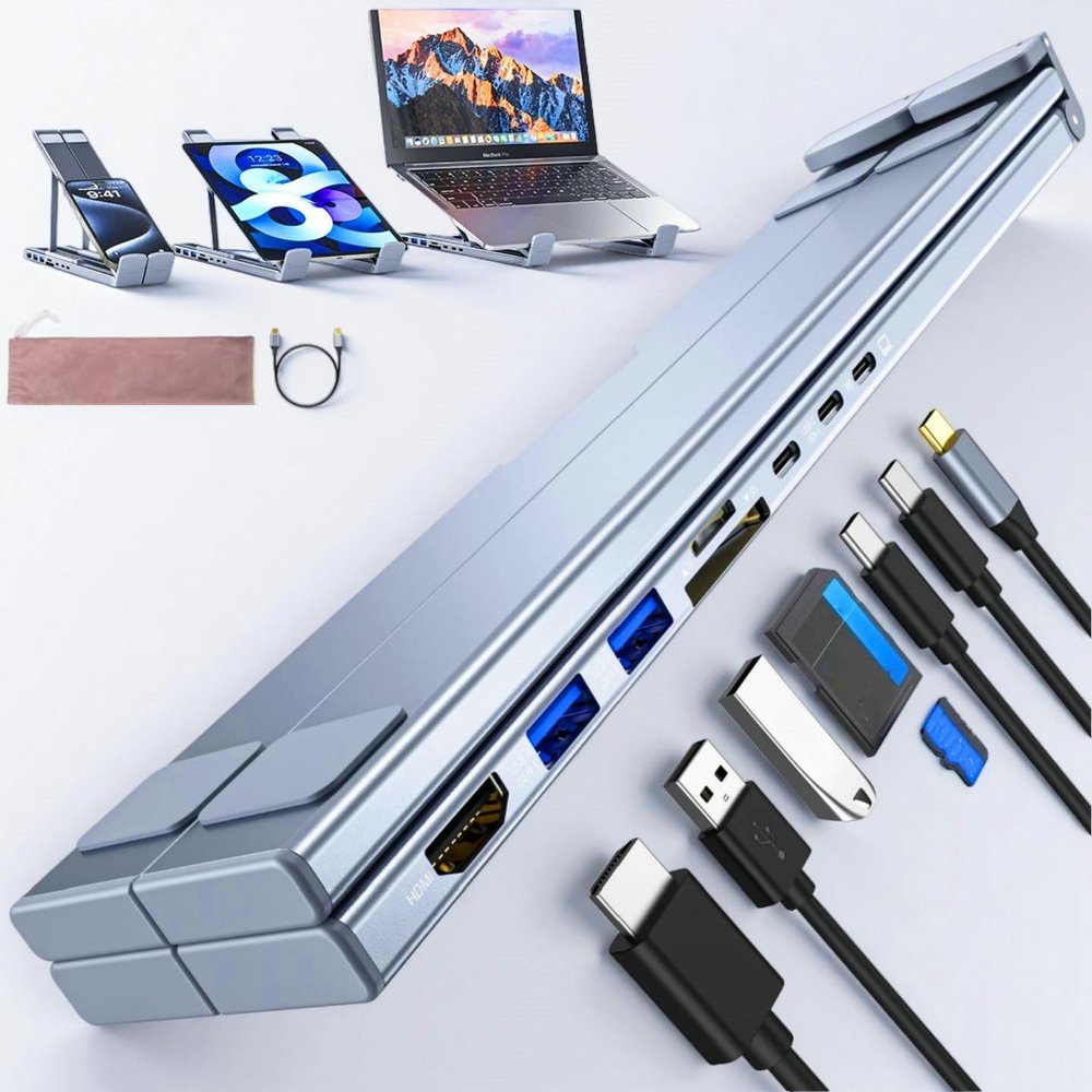 2025 New 8-in-1 USB-C Laptop Docking Station Stand with 4K HDMI, 2X USB-A 3.0, 2X USB-C, SD/TF Card Reader, 100W PD - Adjustable Dock Tablet Stand for Home Office, Compatible with Most Laptops