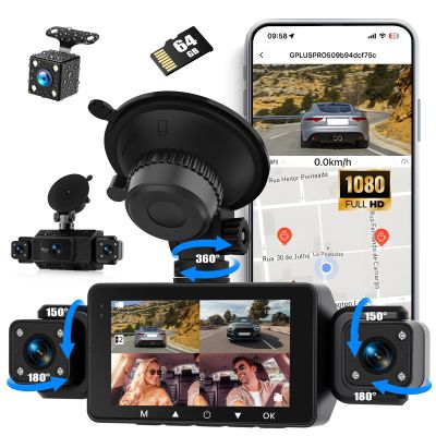 360 4 Channel 1080P Dash Cam Front and Rear Inside,3 Dash Camera for Cars Car Camera with WiFi,APP Control,IR Night Vision,Loop Recording,G-Sensor,Parking Assistance,24H Parking Monitor+64G SD