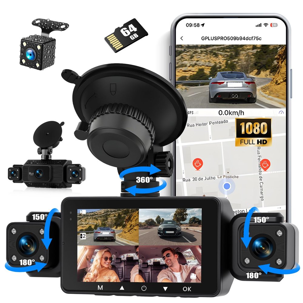 360 4 Channel 1080P Dash Cam Front and Rear Inside,3 Dash Camera for Cars Car Camera with WiFi,APP Control,IR Night Vision,Loop Recording,G-Sensor,Parking Assistance,24H Parking Monitor+64G SD