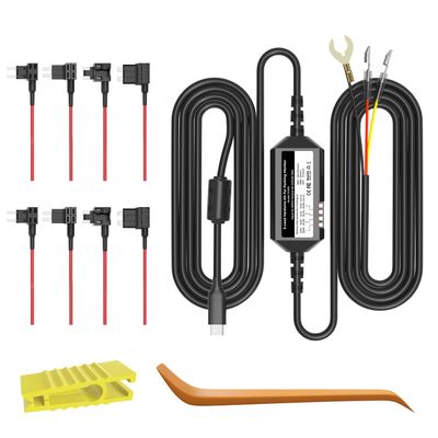 Dash Cam Hardwire Kit with 8pcs Full Set Circuit Fuse Tap, Type C USB Hard Wire Kit 12V-24V to 5V Hardwire Kit with Low Voltage Protection, 24H Parking Monitoring