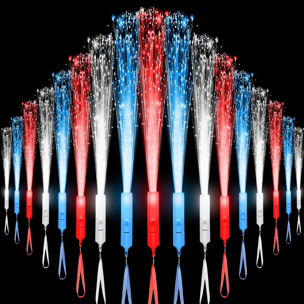 U-MOJOK 27 PCS Red Blue White Fiber Optic Wands Glow Sticks, Light Up Fiber Optic Lights Rod with 3 Light Modes, Sparklers Fireworks Sticks for Wedding, Concerts, July 4th, Halloween,Christmas
