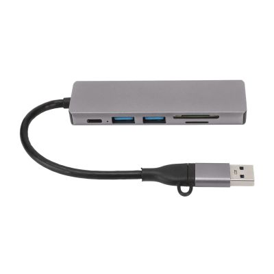 6 in 1 USB3.0 Hub with 5Gbps Transmission, Advanced Chipset, Portable Docking Station for Homes, Office, Travel Silver Gray