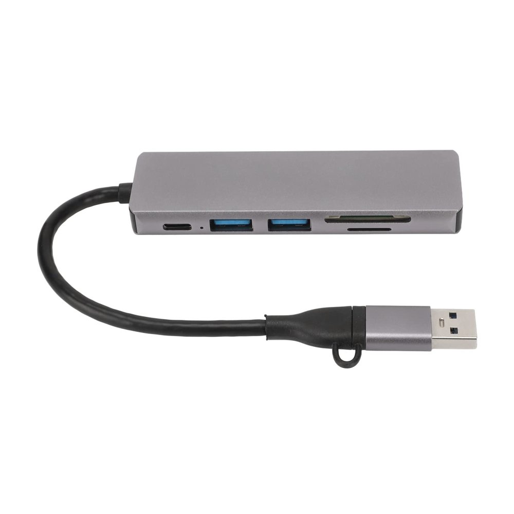 6 in 1 USB3.0 Hub with 5Gbps Transmission, Advanced Chipset, Portable Docking Station for Homes, Office, Travel Silver Gray