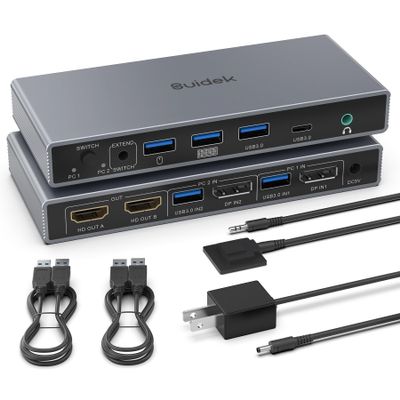 SUIDEK Displayport KVM Switch 2 Monitors 2 Computers 4K@60Hz, DP In HDMI Out KVM Switcher with 4 USB3.0, 2 Computers Sharing 2 Monitors Keyboard Mouse Printer, with 2 USB Cable, Controller and Adapter