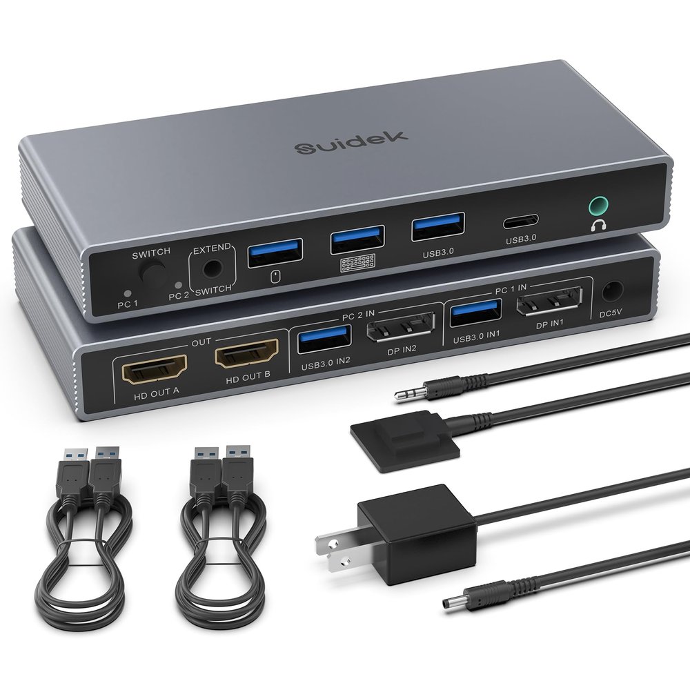 SUIDEK Displayport KVM Switch 2 Monitors 2 Computers 4K@60Hz, DP In HDMI Out KVM Switcher with 4 USB3.0, 2 Computers Sharing 2 Monitors Keyboard Mouse Printer, with 2 USB Cable, Controller and Adapter