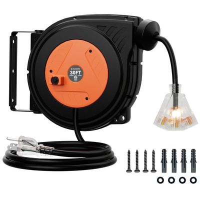 30FT Retractable Extension Cord Reel, 16AWG/3C SJTOW Heavy Duty Power Cord Reel with Lighted Triple Outlets, 10A Circuit Breaker, Lightweight Ceiling/Wall Mount Reel for Garage, ETL Listed, Orange