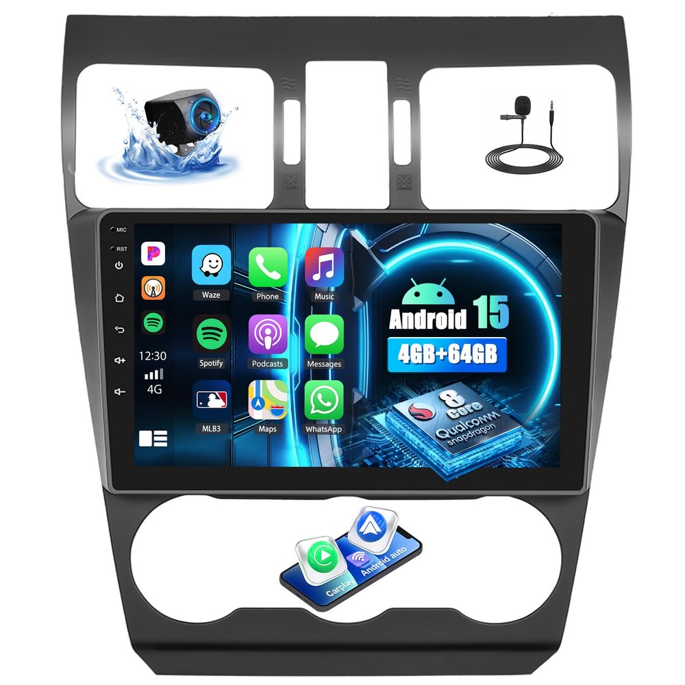 8 Core 4G+64G Qualcomm Car Stereo for Subaru Forester WRX Impreza 2015-2018: Android 15 Car Radio with Carplay Android Auto9 inch IPS Touch Screen, Bluetooth5.1, GPS, Dual-Band WiFi, Rear Camera,DSP