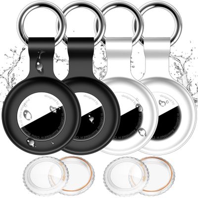 4 Pack Compatible with Apple Airtag Holder with Keychain,IPX8 Waterproof GPS Cover for Air-Tags Shockproof [Anti-Scratch] Item Finders Case for Pets,Kids,Luggage-Black+White