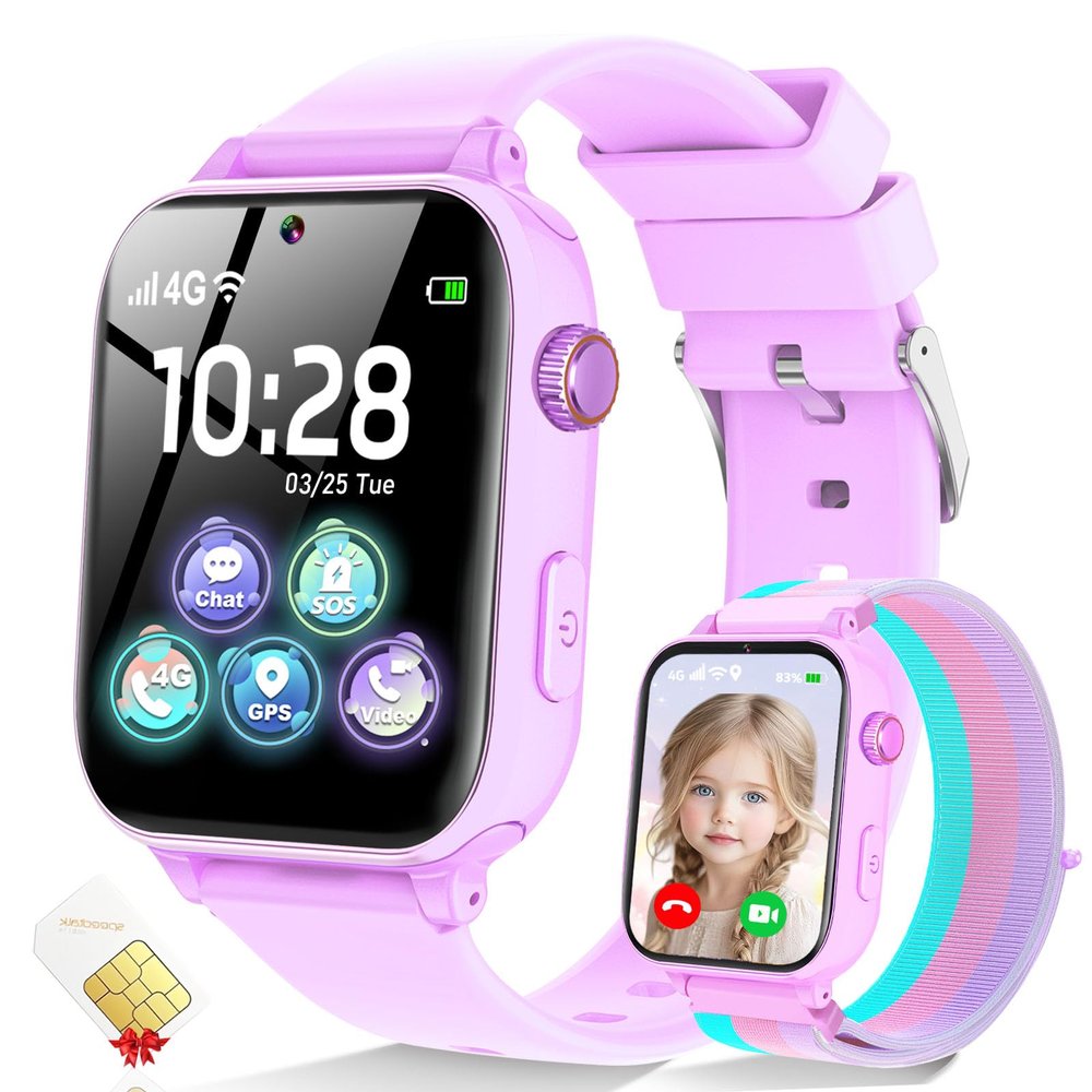 4G Kids Smart Watch for Boys Girls, Kid Watch Phone Ages 4-12 with Call, GPS, SOS, Video Call, Games, Camera, Alarm, Touchscreen Smartwatch for Children Birthday Gift (Includes SIM Card), Violet