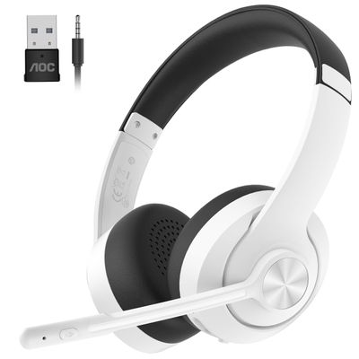 AOC Wireless Headset with Mic for Work with Noise Cancelling Mic for Clear Calls, 30H Playtime PC Bluetooth Headphones and Multipoint Connect to Laptop Computer and Mobile, Wired or USB Dongle- White
