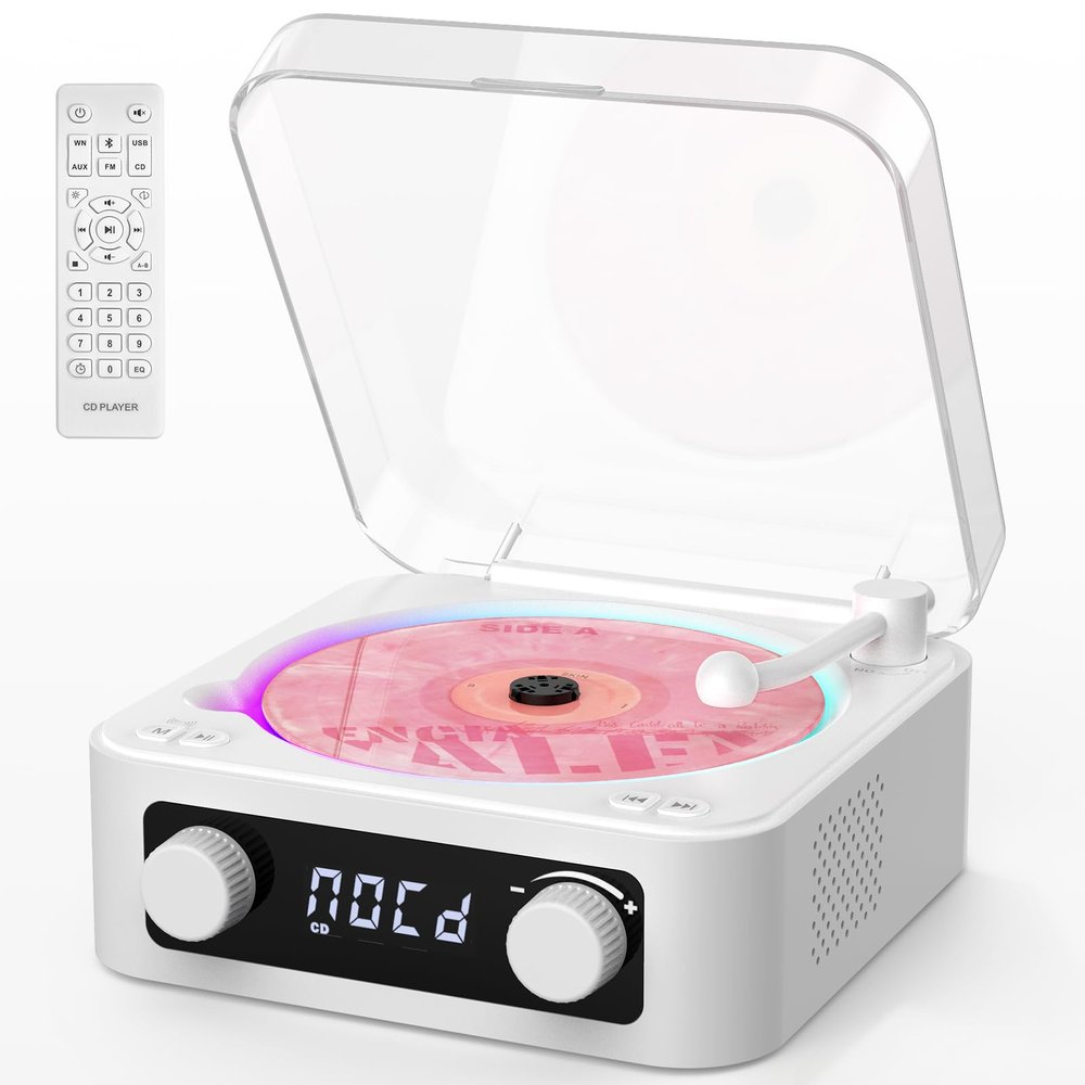 CD Player with Built-in Speakers Portable Bluetooth Input&Output Desktop CD Players for Home with Screen Display, Ambient Lighting, FM Radio, White Noise Mode, Remote Control, USB Type-c, White