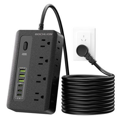 BOCHLION Power Strip with USB, 6ft Surge Protector Flat Plug Extension Cord with 8 Outlets, 3 USB Ports & 3 Type-C Ends (5V/3A), Home Office Outlet Extender (Black)