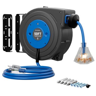 50 FT Retractable Extension Cord Reel, Heavy Duty 12AWG/3C SJTOW Power Cord, Lighted Triple Tap, 15A Circuit Breaker, Wall/Ceiling Mount Electric Cord Reel for Garage & Workshop, ETL Listed, Blue