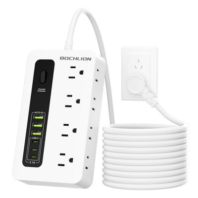BOCHLION Power Strip with USB, 6ft Surge Protector Flat Plug Extension Cord with 8 Outlets, 3 USB Ports & 3 Type-C Ends (5V/3A), Home Office Outlet Extender (White)