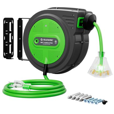 80FT Retractable Extension Cord Reel, 14 AWG/3C SJTOW Heavy Duty Power Cord with Lighted Triple Outlet, 13A Circuit Breaker, 180 Swivel Wall/Ceiling Mount Retractable Cord Reel, ETL Listed, Green