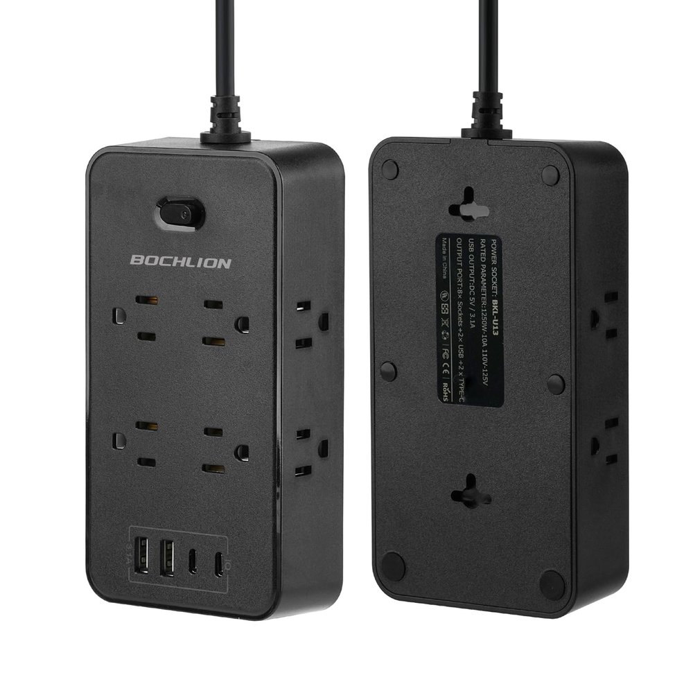 BOCHLION Power Strip, 6-Foot Surge ProtectorExtension Cord with Multiple Outlets, 8 Outlets 4USB Ports (2 USB-C) for Home Office (Black)