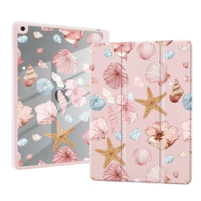 AdorableWhimsy Pink Ocean Seashell Case for iPad 5th/6th Generation(2017/2018), for iPad Air/Air 2 9.7 Inch with Pencil Holder Cartoon Girly Leather Clear Back Shell Foldable Protective Cover