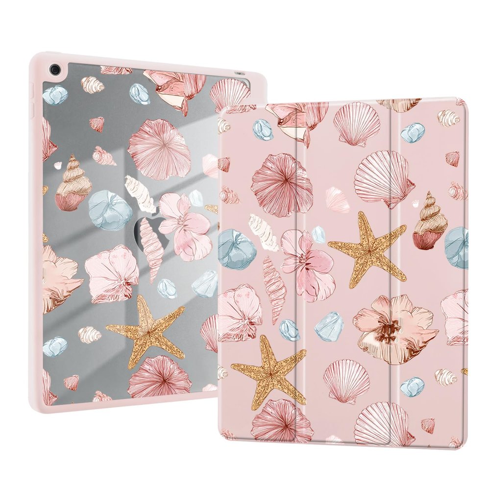 AdorableWhimsy Pink Ocean Seashell Case for iPad 5th/6th Generation(2017/2018), for iPad Air/Air 2 9.7 Inch with Pencil Holder Cartoon Girly Leather Clear Back Shell Foldable Protective Cover