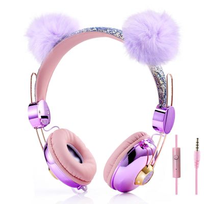 CHTON Kids Headphones for Girls, Cute Bear Ear Headphones with Microphone, 3.5mm Jack Wired Girls Headphones for School/Travel/iPad/Tablet (Purple)