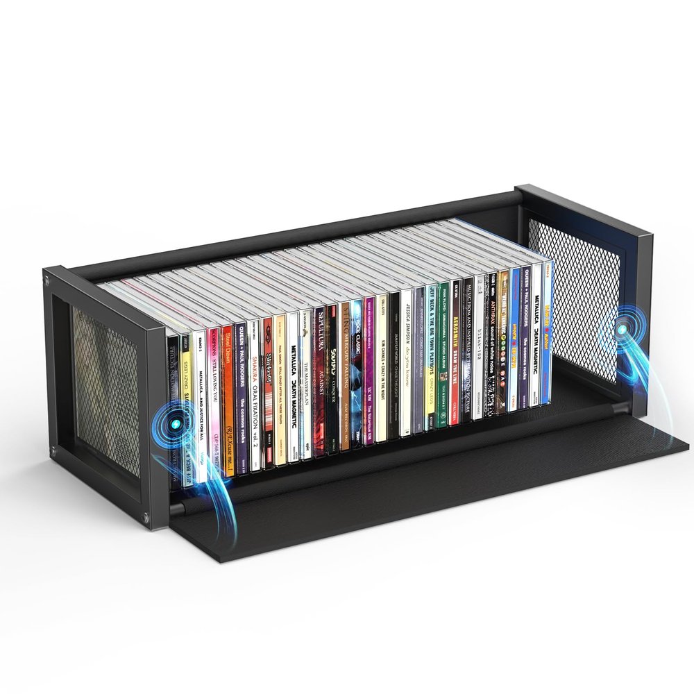 PAPAGIFTREE CD Holder with Fabric Wood Grain Texture, CD Storage Case and Box for Display, CD Organizer Shelf and Rack, CD Display Stand and Video Game Cases for Home, Holds Up to 40 CDs