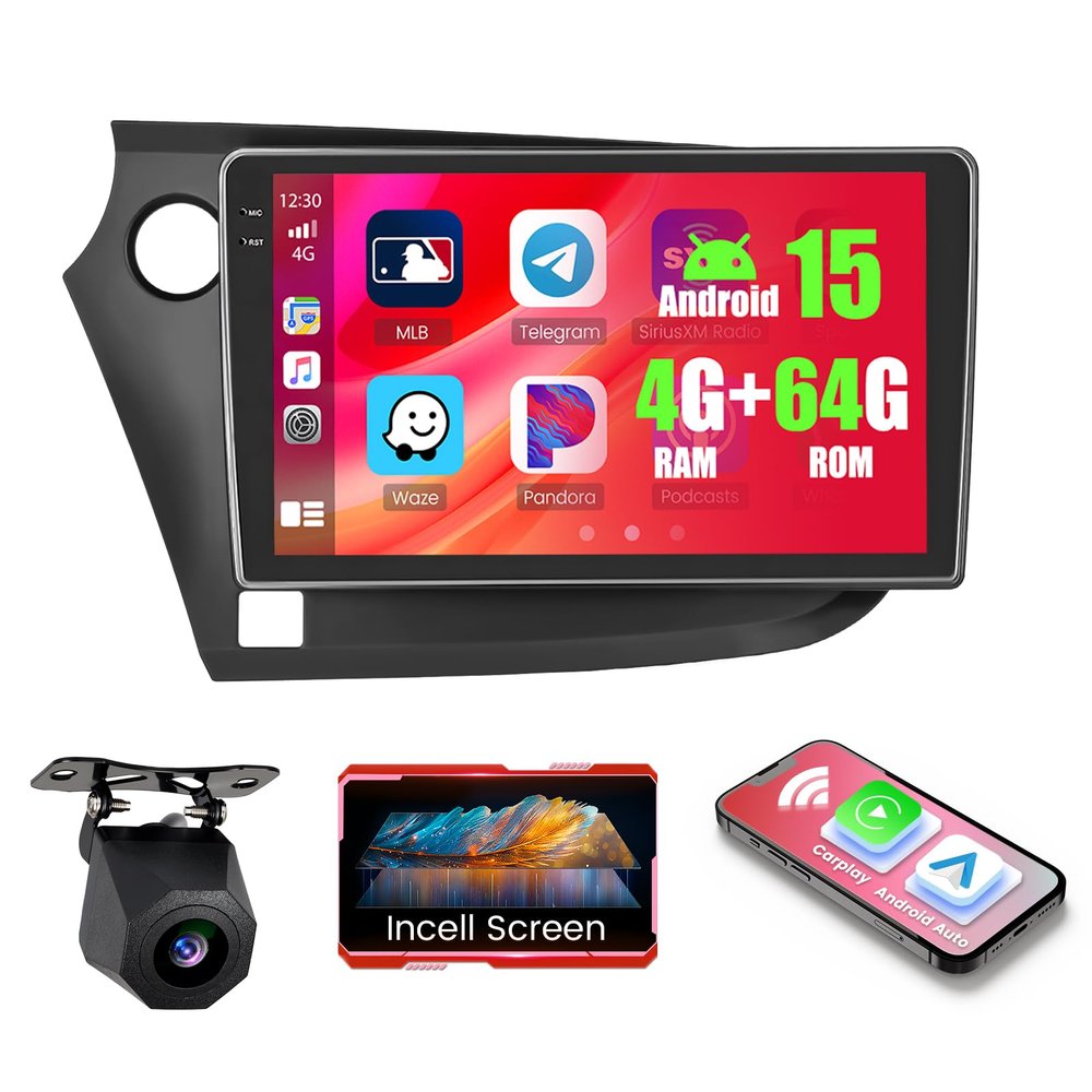 4+64GB Android 15 Car Radio for Honda Insight 2009-2014 Wireless Carplay Android Auto, Realdio 9" 1280 * 720P in-Cell Touch Screen Stereo with WiFi Bluetooth5.0 GPS SWC FM/RDS EQ Backup Camera MIC