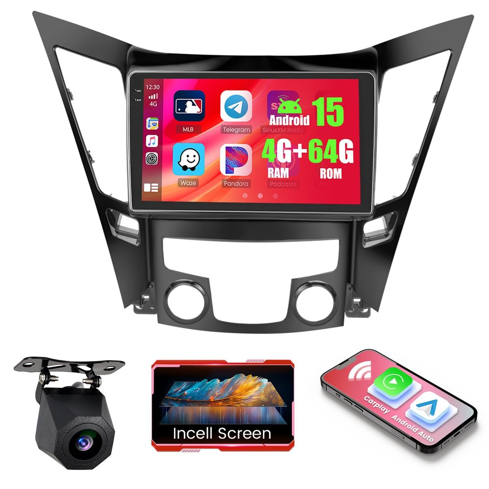 4+64GB Android 15 Car Radio for 2010-2015 Hyundai Sonata Wireless Carplay Android Auto, Realdio 9" in-Cell Touch Screen for Hyundai Sonata WiFi Bluetooth5.0 GPS FM/RDS EQ SWC + Backup Camera