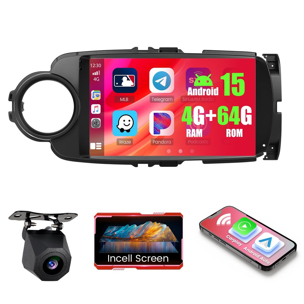 4+64GB Android 15 Car Radio for Toyota Yaris 2012 2013 2014 2015 2016 2017 Carplay Android Auto, Realdio 9" in-Cell Touch Screen Stereo with WiFi Bluetooth5.0 GPS FM/RDS EQ Backup Camera MIC