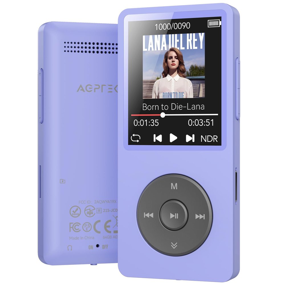 AGPTEK A02 MP3 Player with Bluetooth 5.3, 1.8 inch Screen Portable Music Player with Speaker, FM Radio, Voice Recorder, Supports Expanded Up to 128GB(Purple, 64GB)