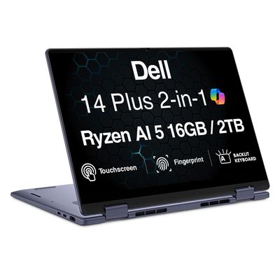 Dell 14 Plus AI Powered 2-in-1 Laptop 14.0" Touchscreen IPS WUXGA Display (AMD Ryzen AI 5 340, 16GB LPDDR5X, 2TB PCIe SSD, Backlit KB, Fingerprint, WiFi 7, Webcam, Win 11 Pro)