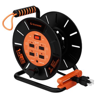 Extension Cord Storage Reel with 4-Grounded Outlets & 2 USB Ports, Heavy Duty Open Cord Reel for 12/3,14/3,16/3 Gauge Power Cord, Hand Wind Retractable, 15A Circuit Breaker, ETL Listed, Orange