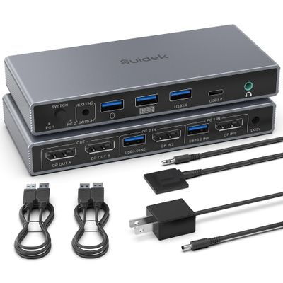 SUIDEK Displayport KVM Switch 2 Monitors 2 Computers 4K@60Hz, KVM Switcher with 4 USB 3.0 for 2 Computers Sharing Dual Monitors Keyboard Mouse Printer, with 2 USB Cable, Controller and Adapter